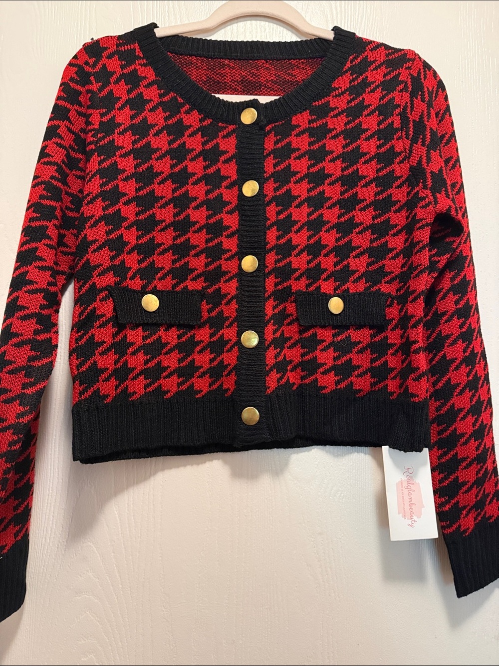 Red & Black Houndstooth Button-Front Cardigan Jacket